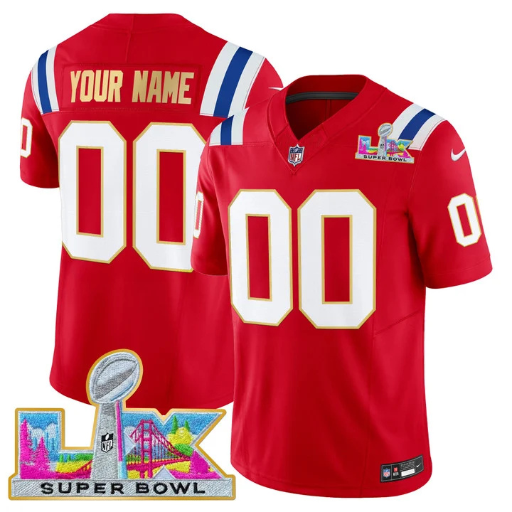 NEW ENGLAND PATRIOTS SUPER BOWL LX GOLD TRIM VAPOR LIMITED CUSTOM JERSEY RED