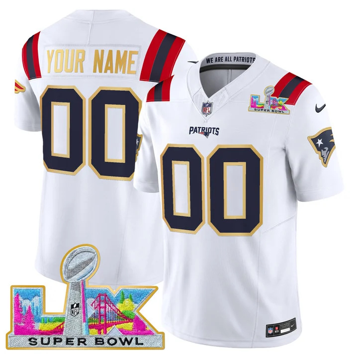NEW ENGLAND PATRIOTS SUPER BOWL LX GOLD TRIM VAPOR LIMITED CUSTOM JERSEY WHITE