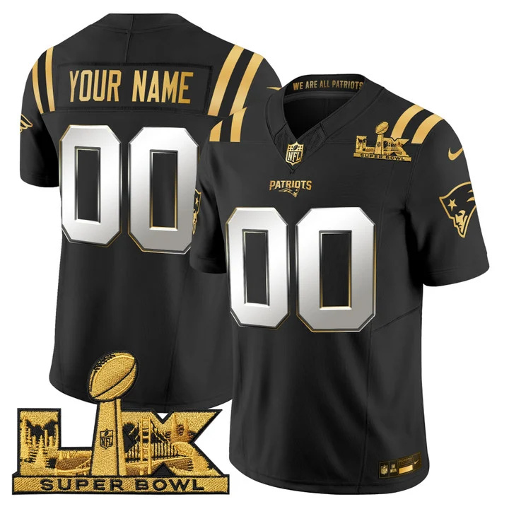 NEW ENGLAND PATRIOTS SUPER BOWL LX GOLD VAPOR LIMITED CUSTOM JERSEY BLACK LIMITED