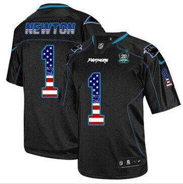 NEW Panthers #1 Cam Newton Black With 20TH Season Patch Stitched USA Flag Fashion Jersey