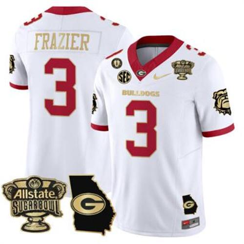 Nate Frazier Jersey #3 Georgia Bulldogs 2025 Sugar Bowl Patch White Gold Trim
