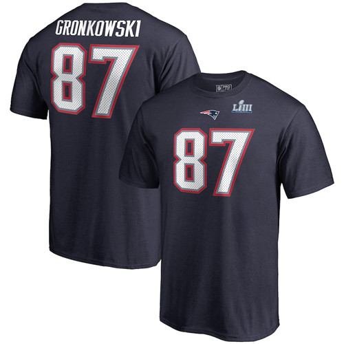 New England Patriots 87 Rob Gronkowski NFL Pro Line By Fanatics Branded Super Bowl LIII Bound Eligible Receiver Name & Number T-Shirt Navy