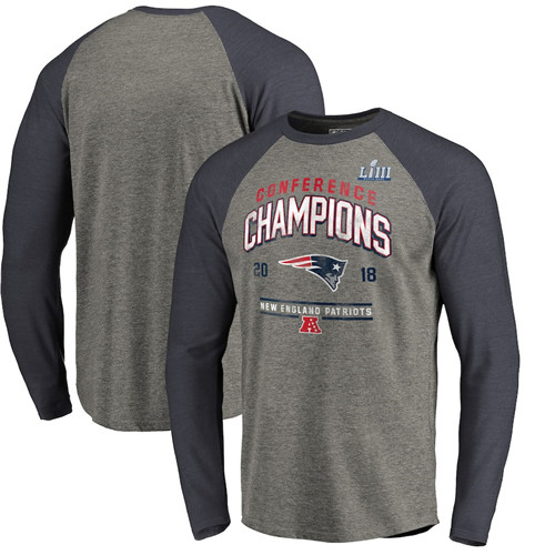 New England Patriots NFL Pro Line By Fanatics Branded 2018 AFC Champions Halfback Sweep Raglan Long Sleeve T-Shirt Heather Gray