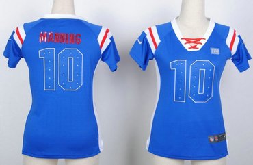 New York Giants 10 Eli Manning Womens Draft Him Shimmer V-Neck T-Shirt - Royal Blue