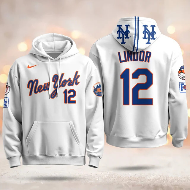 New York Mets Blue Road 2025 Hoodie WHITE #12 LINDOR