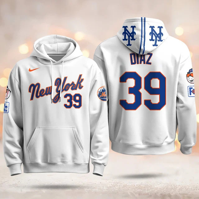 New York Mets Blue Road 2025 Hoodie WHITE #39 DIAZ