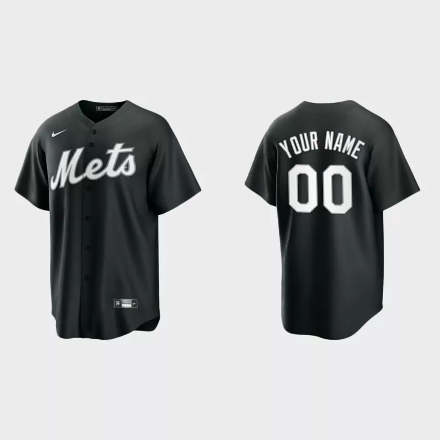 New York Mets Custom 2021 All Black Fashion Replica Jersey – Black White