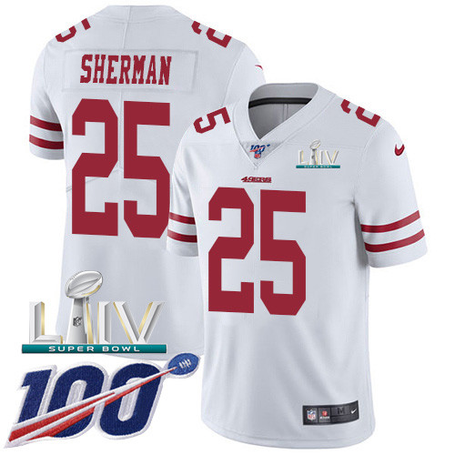 Nike 49ers #25 Richard Sherman White Super Bowl LIV 2020 Men's Stitched NFL 100th Season Vapor Limited Jersey