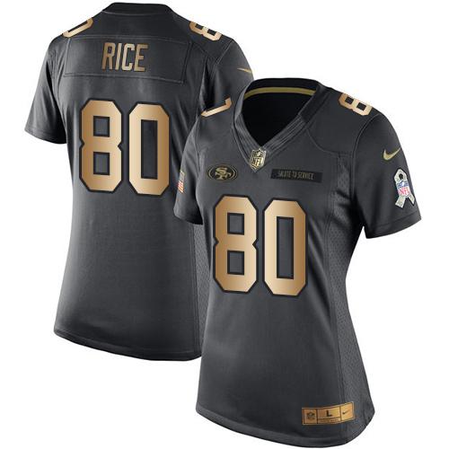Nike 49ers #80 Jerry Rice Black Women's Stitched NFL Limited Gold Salute to Service Jersey