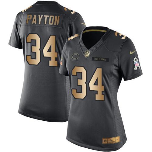Nike Bears #34 Walter Payton Black Women's Stitched NFL Limited Gold Salute to Service Jersey