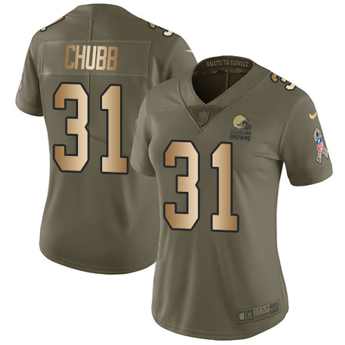 Nike Browns #31 Nick Chubb Olive Gold Women's Stitched NFL Limited 2017 Salute to Service Jersey