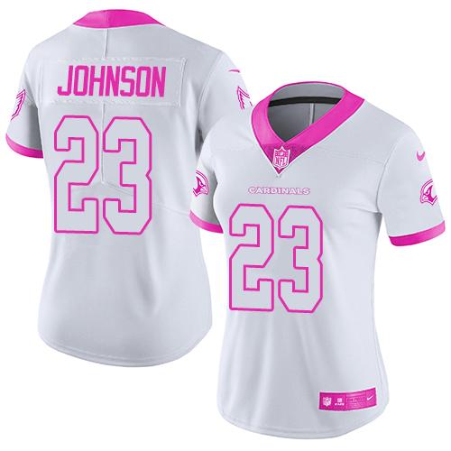 Nike Cardinals #23 Chris Johnson White Pink Women's Stitched NFL Limited Rush Fashion Jersey