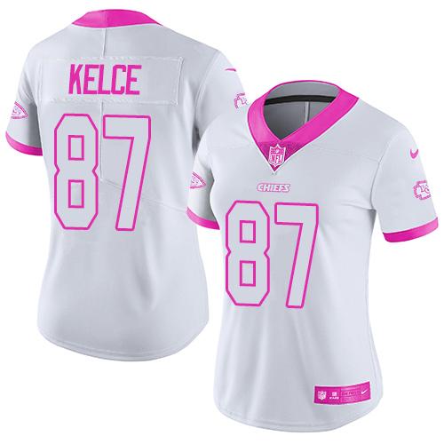 Nike Chiefs #87 Travis Kelce White Pink Women's Stitched NFL Limited Rush Fashion Jersey