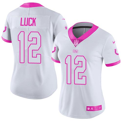Nike Colts #12 Andrew Luck White Pink Women's Stitched NFL Limited Rush Fashion Jersey