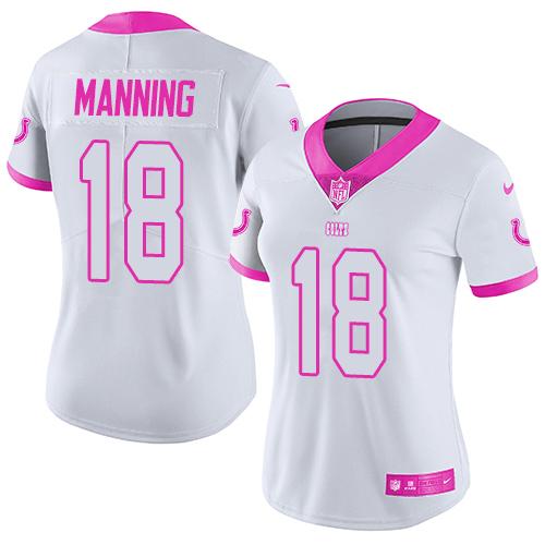 Nike Colts #18 Peyton Manning White Pink Women's Stitched NFL Limited Rush Fashion Jersey