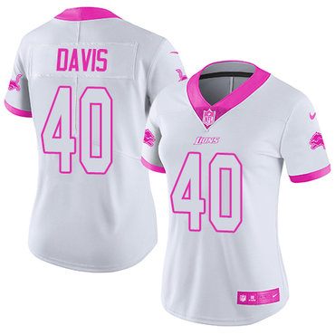 Nike Lions #40 Jarrad Davis White Pink Women's Stitched NFL Limited Rush Fashion Jersey