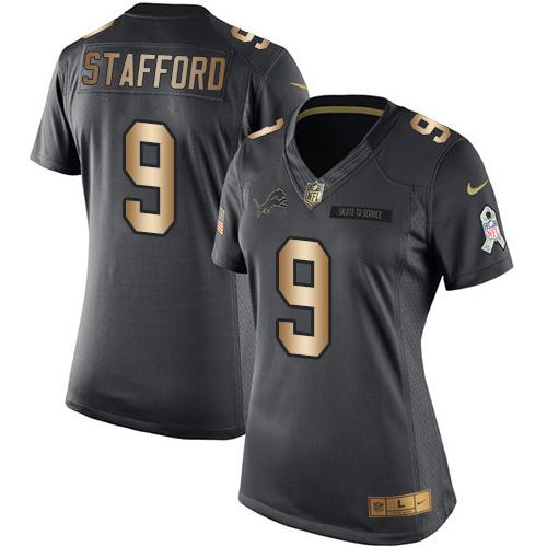 Nike Lions #9 Matthew Stafford Black Women's Stitched NFL Limited Gold Salute to Service Jersey