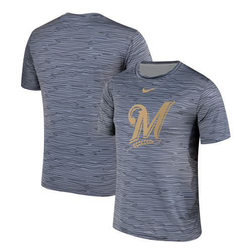 Nike Milwaukee Brewers Gray Black Striped Logo Performance T-Shirt