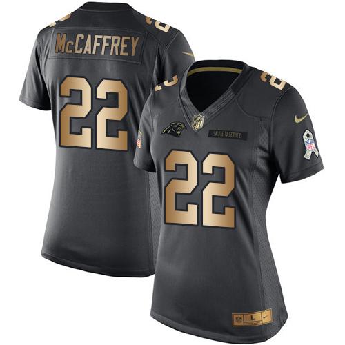Nike Panthers #22 Christian McCaffrey Black Women's Stitched NFL Limited Gold Salute to Service Jersey