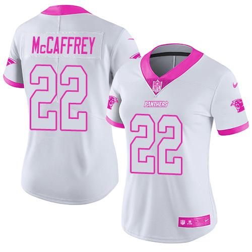 Nike Panthers #22 Christian McCaffrey White Pink Women's Stitched NFL Limited Rush Fashion Jersey