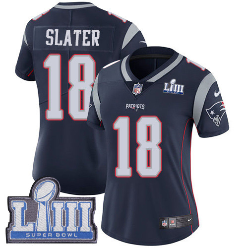 Nike Patriots #18 Matt Slater Navy Blue Team Color Super Bowl LIII Bound Women's