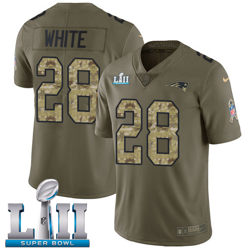 Nike Patriots #28 James White Olive Camo Super Bowl LII Youth Stitched NFL Limited 2017 Salute to Service Jersey