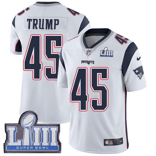 Nike Patriots #45 Donald Trump White Super Bowl LIII Bound Youth Stitched NFL Vapor