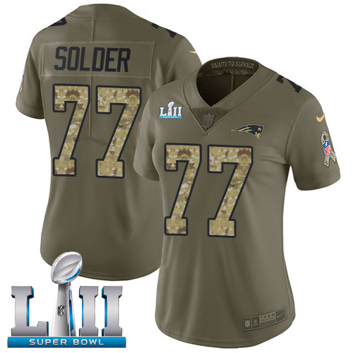 Nike Patriots #77 Nate Solder Olive Camo Super Bowl LII Women's Stitched NFL Limited 2017 Salute to Service Jersey