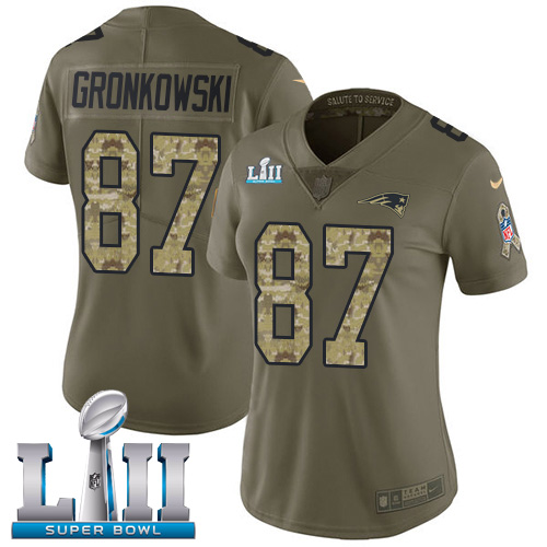 Nike Patriots #87 Rob Gronkowski Olive Camo Super Bowl LII Women's Stitched NFL Limited 2017 Salute to Service Jersey