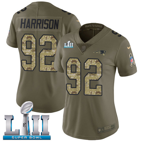 Nike Patriots #92 James Harrison Olive Camo Super Bowl LII Women's Stitched NFL Limited 2017 Salute to Service Jersey