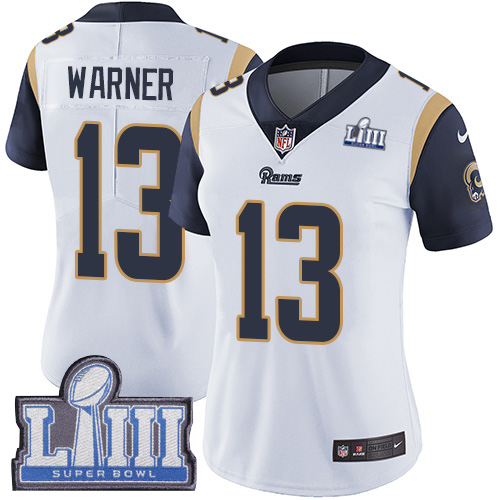 Nike Rams #13 Kurt Warner White Super Bowl LIII Bound Women's Stitched NFL Vapor