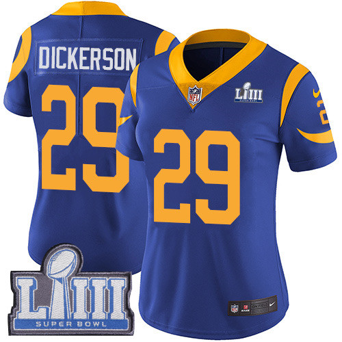 Nike Rams #29 Eric Dickerson Royal Blue Alternate Super Bowl LIII Bound Women's Stitched NFL