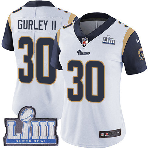 Nike Rams #30 Todd Gurley II White Super Bowl LIII Bound Women's Stitched NFL Vapor