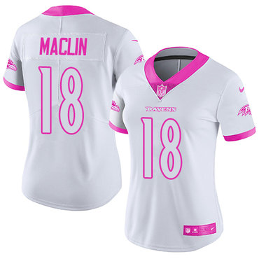 Nike Ravens #18 Jeremy Maclin White Pink Women's Stitched NFL Limited Rush Fashion Jersey