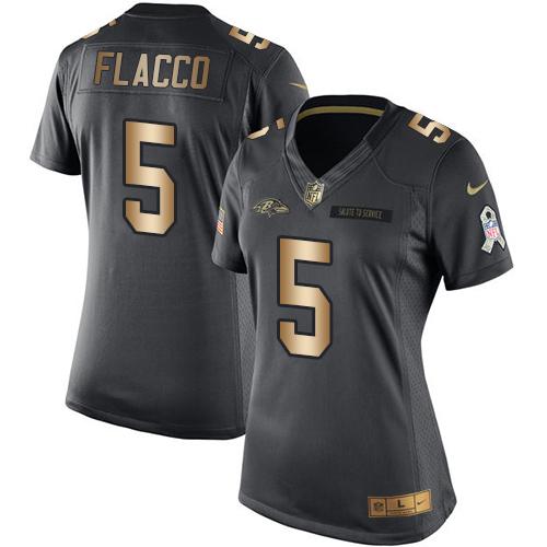 Nike Ravens #5 Joe Flacco Black Women's Stitched NFL Limited Gold Salute to Service Jersey