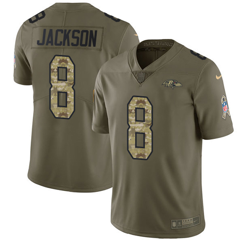 Nike Ravens #8 Lamar Jackson Olive Camo Youth Stitched NFL Limited 2017 Salute to Service Jersey