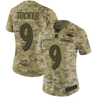 Nike Ravens #9 Justin Tucker Camo Women's Stitched NFL Limited 2018 Salute to Service Jersey