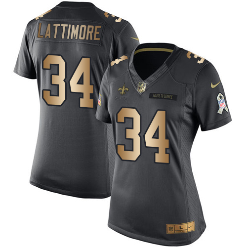 Nike Saints #34 Marshon Lattimore Black Women's Stitched NFL Limited Gold Salute to Service Jersey