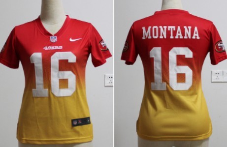 Nike San Francisco 49ers #16 Joe Montana Red_Gold Fadeaway Womens Jersey