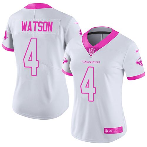 Nike Texans #4 Deshaun Watson White Pink Women's Stitched NFL Limited Rush Fashion Jersey