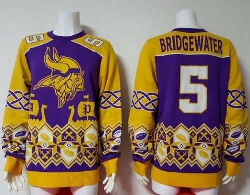 Nike Vikings #5 Teddy Bridgewater Purple Yellow Men's Ugly Sweater