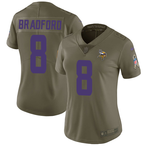 Nike Vikings #8 Sam Bradford Olive Women's Stitched NFL Limited 2017 Salute to Service Jersey