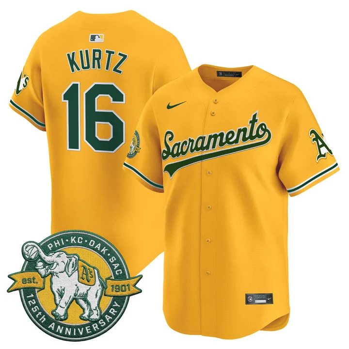 OAKLAND ATHLETICS 'SACRAMENTO EDITION' VAPOR PREMIER LIMITED JERSEY - 125TH ANNIVERSARY PATCH#16 NICK KURTZ