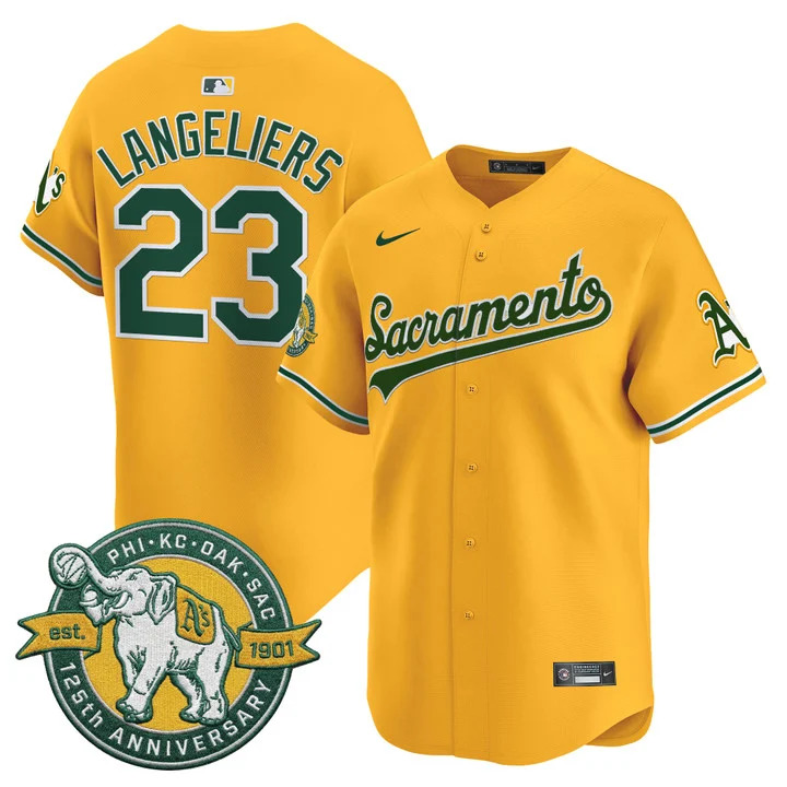 OAKLAND ATHLETICS 'SACRAMENTO EDITION' VAPOR PREMIER LIMITED JERSEY - 125TH ANNIVERSARY PATCH#23 SHEA LANGELIERS