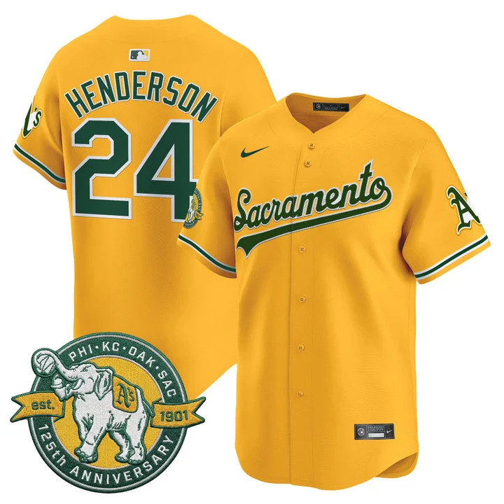 OAKLAND ATHLETICS 'SACRAMENTO EDITION' VAPOR PREMIER LIMITED JERSEY - 125TH ANNIVERSARY PATCH#24 RICKEY HENDERSON