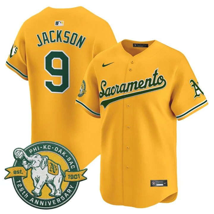 OAKLAND ATHLETICS 'SACRAMENTO EDITION' VAPOR PREMIER LIMITED JERSEY - 125TH ANNIVERSARY PATCH#9 REGGIE JACKSON