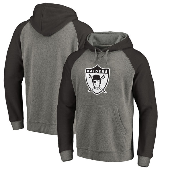 Oakland Raiders NFL Pro Line By Fanatics Branded Throwback Logo Tri-Blend Raglan Pullover Hoodie Gray Black