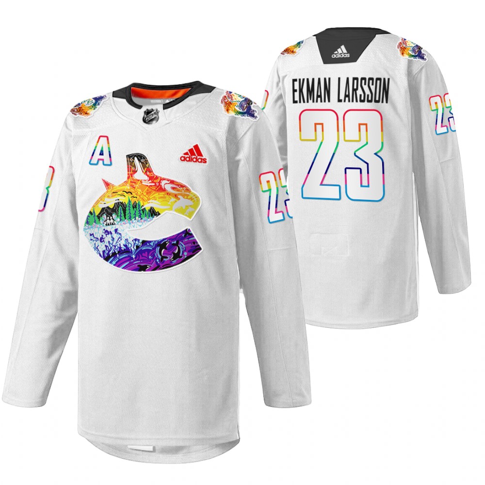 Oliver Ekman-Larsson Canucks Pride Night Jersey White Mio Artwork Warmup
