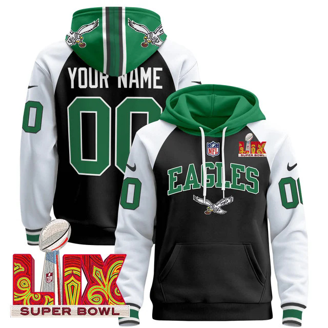 Philadelphia Eagles Super Bowl LIX Patch Custom Pullover Hoodie BLACK&WHITE.webp