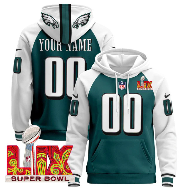 Philadelphia Eagles Super Bowl LIX Patch Custom Pullover Hoodie GREEN&WHITE.webp